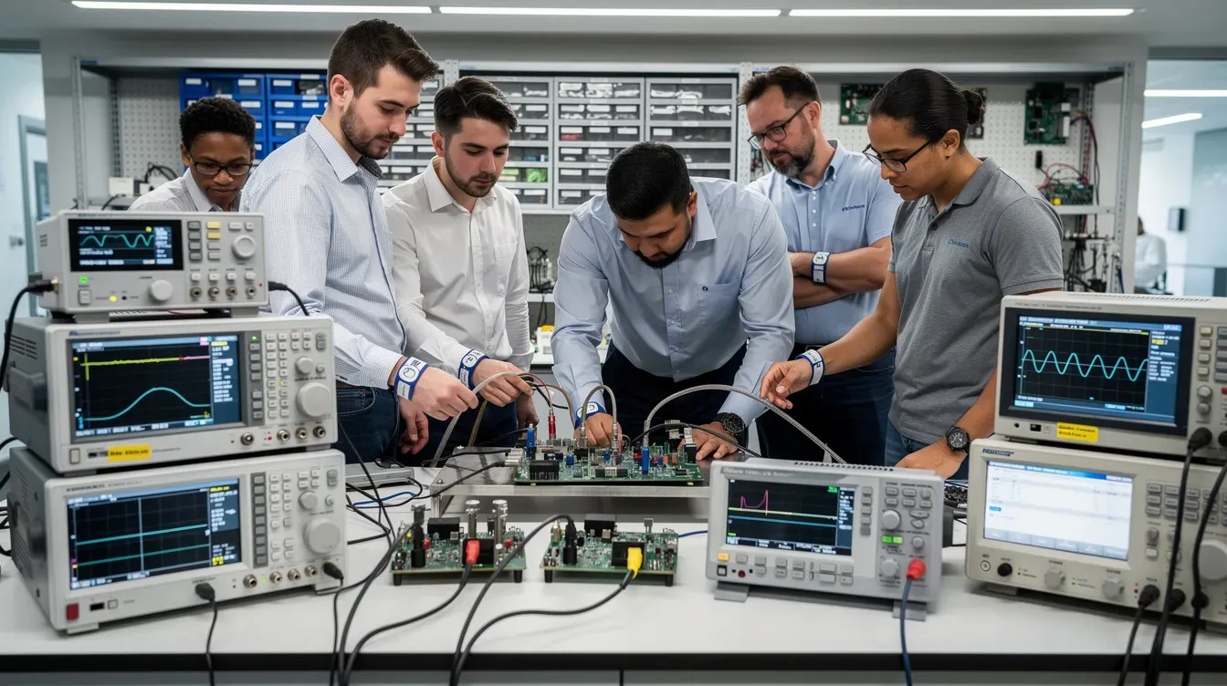Two engineers are closely examining electronic test equipment in a modern laboratory setting, focusing on ensuring electromagnetic compatibility (EMC) and compliance with regulatory standards. The environment is equipped with various devices used for EMC testing, aimed at assessing electromagnetic interference and emissions from electronic circuits and systems.